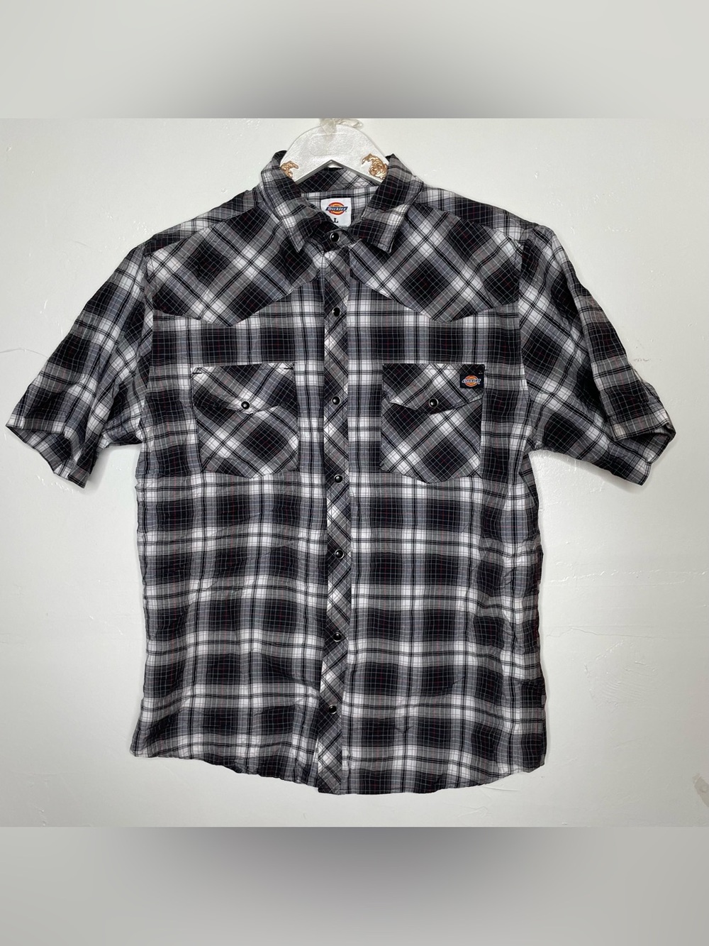 DICKIES PLAID WESTERN SNAP BUTTON DOWN SHORT SLEEVE SHIRT SZ LARGE